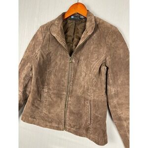 Relativity Leather Jacket Women S Brown Genuine Suede Moto Zip Up Mock Neck